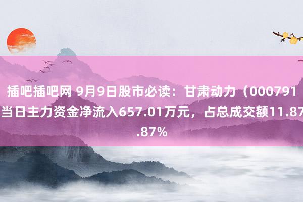 插吧插吧网 9月9日股市必读：甘肃动力（000791）当日主力资金净流入657.01万元，占总成交额11.87%
